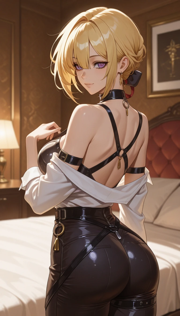 man, masculine, attractive, muscular, ((1man)), masterpiece, absurdres, best quality ,intricate details , (shiny skin, shiny body, shiny oily luster skin, shiny hair, pale skintone), old castle, Sundown, attractive, ((muscular)), adult, one, tattoo ,white blouse, earrings, brown pants, Don't look at the view , Not looking at the view, blonde very long hair, perfect detailed face, perfect detailed hands