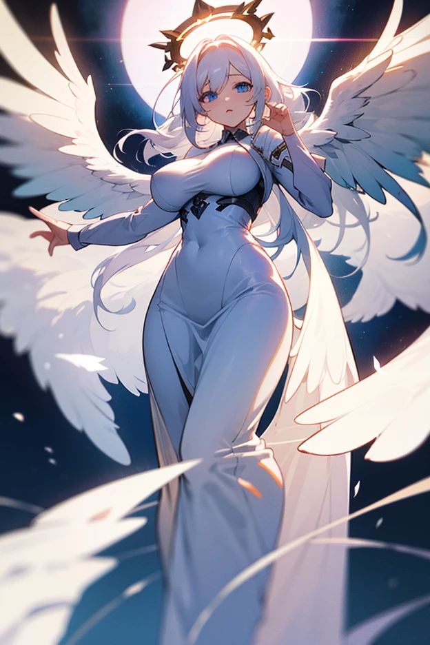 An 18 year old female angel with long, white hair, yellow eyes, white cat ears, and large white angel wings. yellow halo ring round white glasses (White evening dress, sexy long skirt) hand touching lips, standing