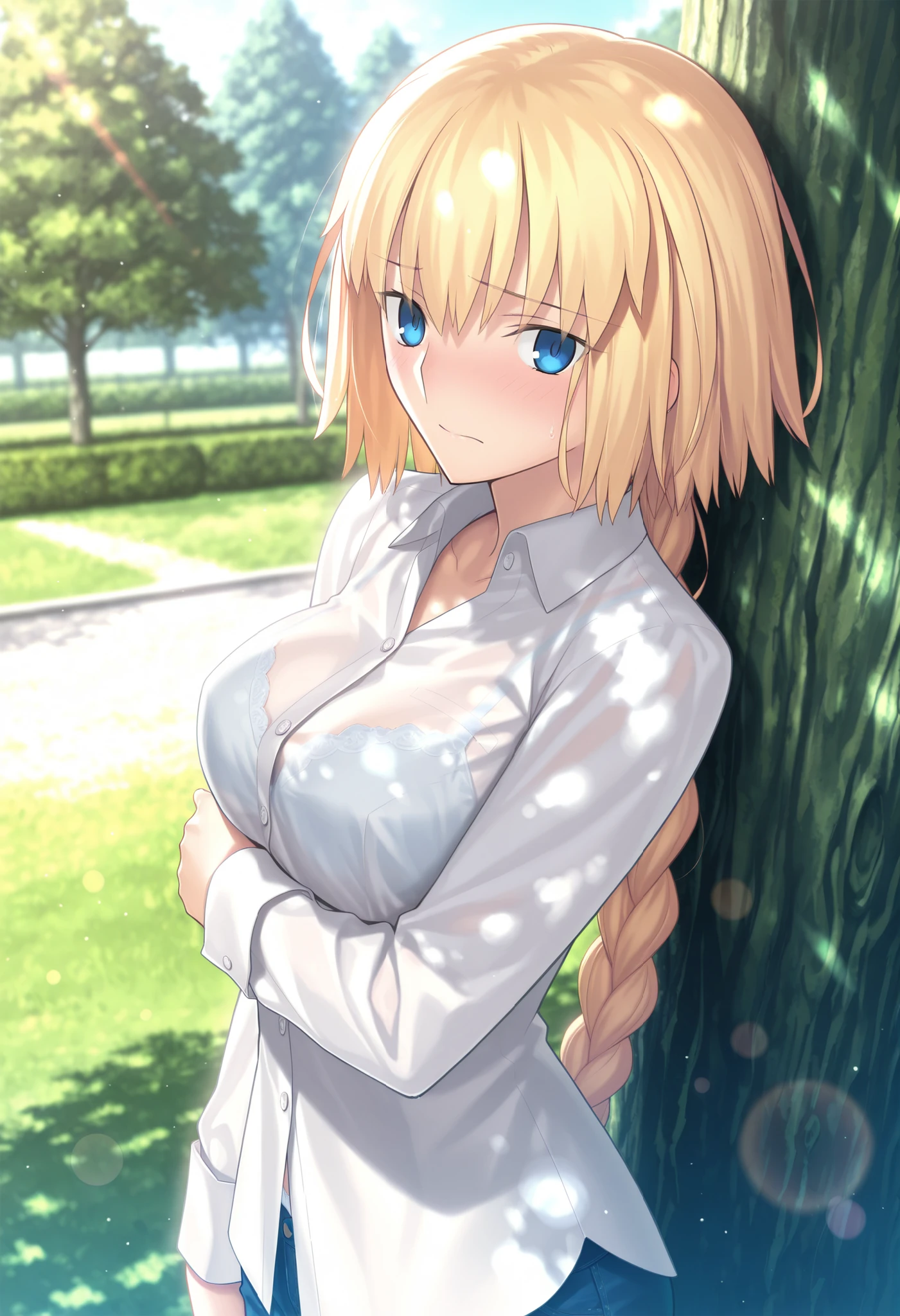 masterpiece, , absurdres, highres, detailed background, high resolution, masterpiece, necessary, detail, best quality, quality, necessary, details, High details, Precise, dark, outdoors, dappled sunlight, day, lens flare, blurry background, from above, upper body, from side,                                            
                                                                                                                                                                                                                         1girl, , Takeuchi Takashi (type-moon,tsukihime) style, takeuchi takashi style, 
   
tall girl, mature, jeanne d arc, \(fgo\), blue eyes, half-closed eyes, jeanne d arc, blonde hair, medium hair, ( ), white dress shirt, ,big braid, single braid, medium breasts, looking at viewer, white panties, embarrassed , arm under breasts, bra, denim pants,                                                                                                                                                                                                                                                                                                                                                                                                                                                                                                                                                                                   