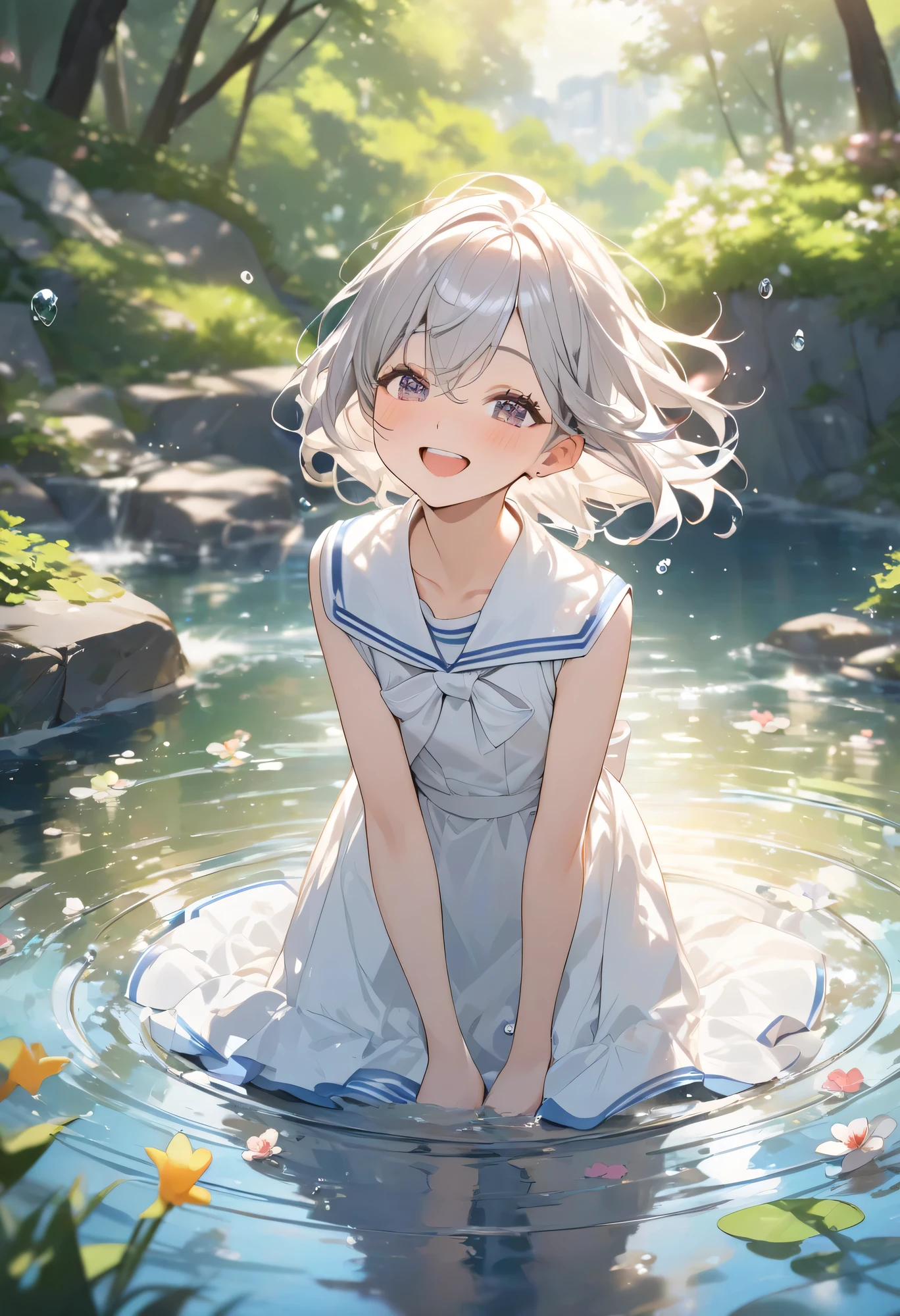 best quality in bronze、high definition、high definition、masterpiece、detailed background、Water place in the park where the spring sun shines in、Girls in white sailor uniforms are innocently playing in the water、Clothes with bright laughter and wind、Ripples spreading underfoot and shining drops of water、Scenery full of spring freshness and innocent fun、cute