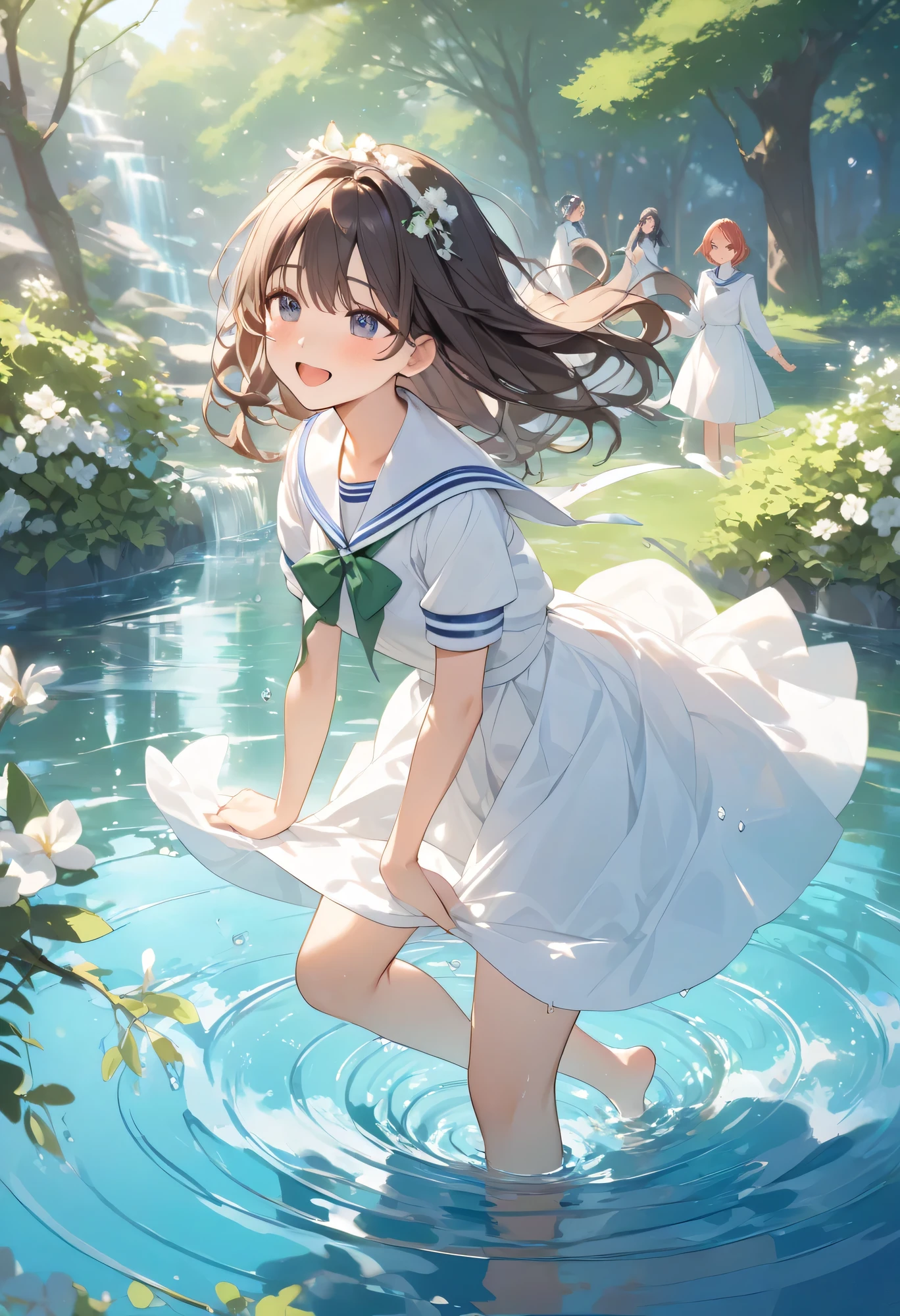 best quality in bronze、high definition、high definition、masterpiece、detailed background、Water place in the park where the spring sun shines in、Girls in white sailor uniforms are innocently playing in the water、Clothes with bright laughter and wind、Ripples spreading underfoot and shining drops of water、Scenery full of spring freshness and innocent fun、cute