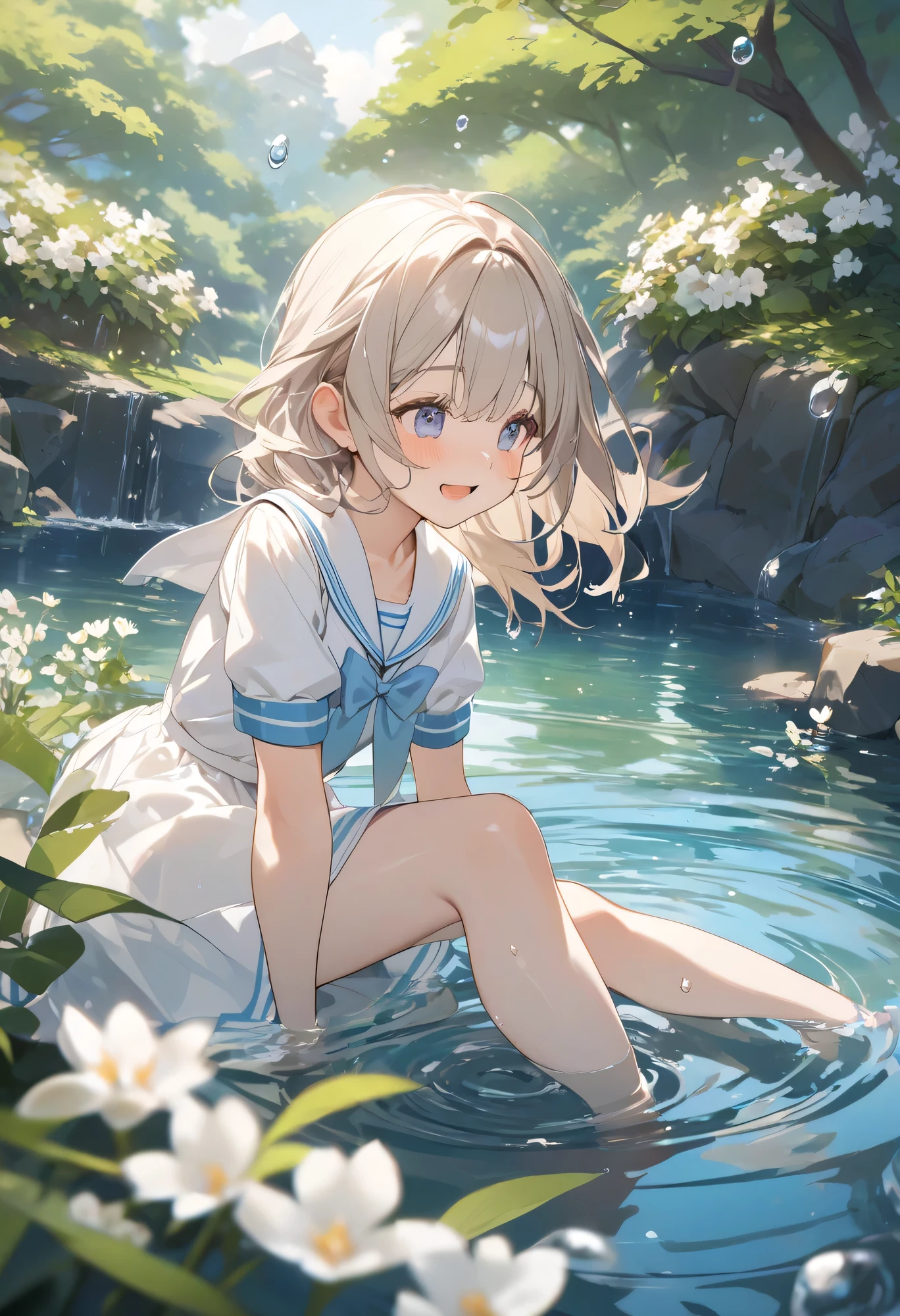 best quality in bronze、high definition、high definition、masterpiece、detailed background、Water place in the park where the spring sun shines in、Girls in white sailor uniforms are innocently playing in the water、Clothes with bright laughter and wind、Ripples spreading underfoot and shining drops of water、Scenery full of spring freshness and innocent fun、cute