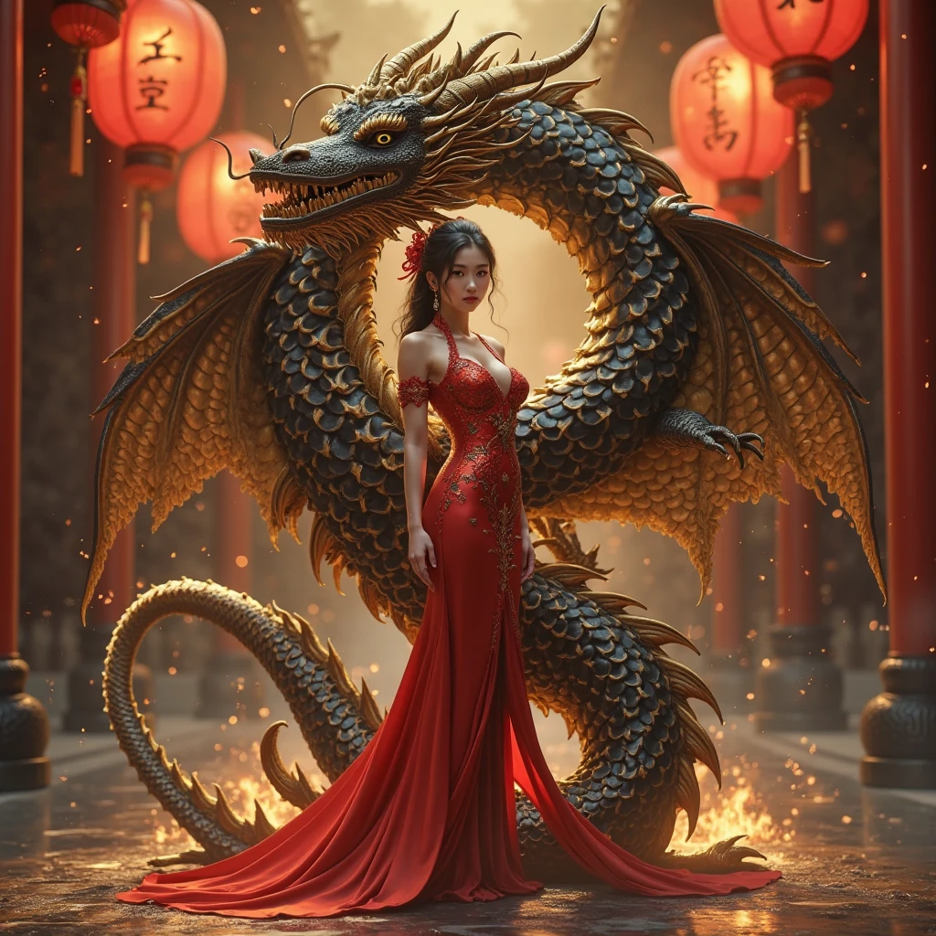 A close-up of a woman in a dress with a dragon, fire dress, intriguing suit, chinese dress, sexy dress, succubus in short tight dress, open dress, intricate dress, cheongsam, intricate fantasy dress, elegant and revealing dress, Open V chest clothing, dress made of fire, dragon girl, dragon body, detailed dress, fantasy dress