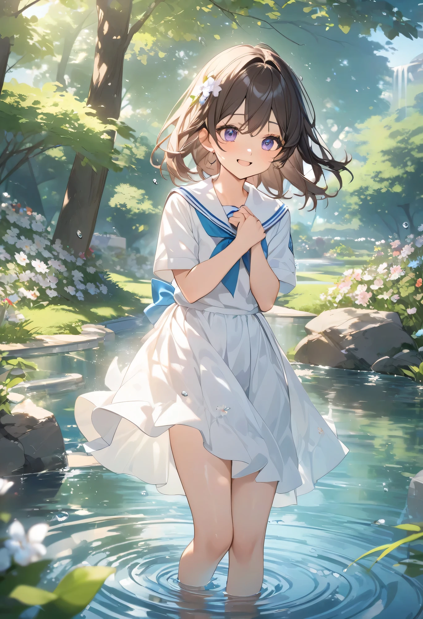 best quality in bronze、high definition、high definition、masterpiece、detailed background、Water place in the park where the spring sun shines in、Girls in white sailor uniforms are innocently playing in the water、Clothes with bright laughter and wind、Ripples spreading underfoot and shining drops of water、Scenery full of spring freshness and innocent fun、cute
