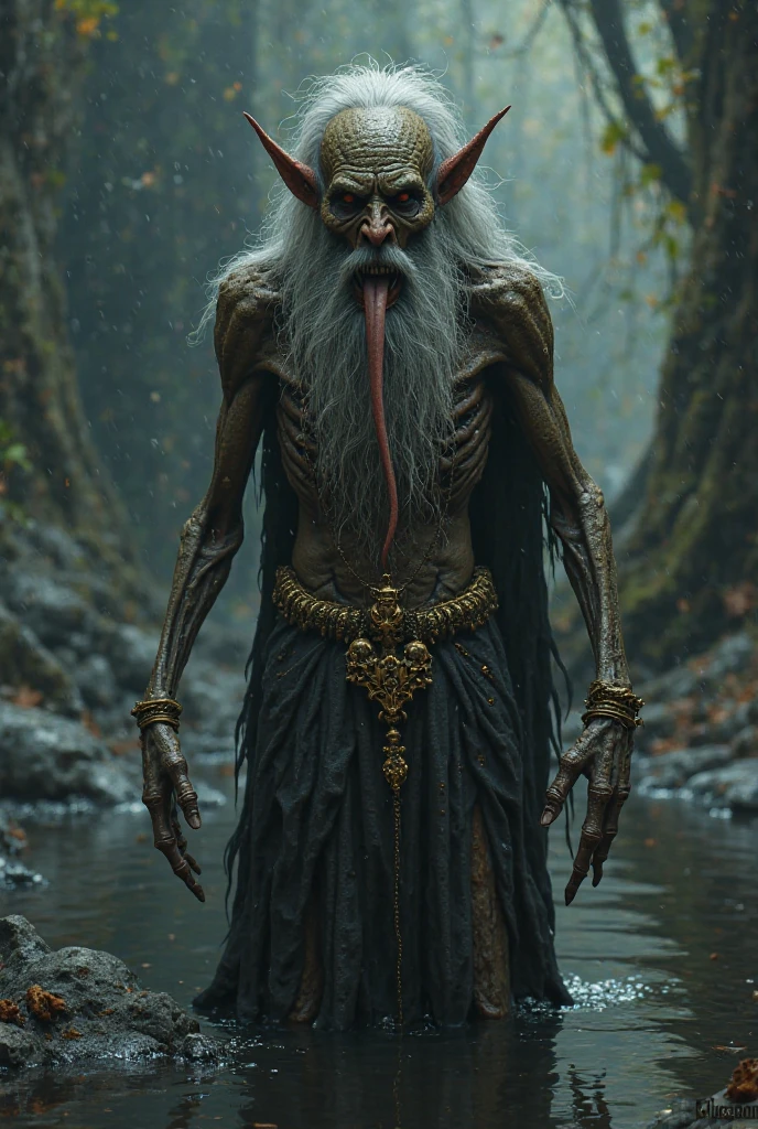 the surreal and fantastic fantasy image shows the entire body of a humanoid being with long hair and extremely white skin. He is very thin and looks to be around 30 years old.. beardless. His only clothing is an old pair of pants. The context is in the Middle Ages. The environment is sinister and the character is menacing.. The character is crestfallen. 