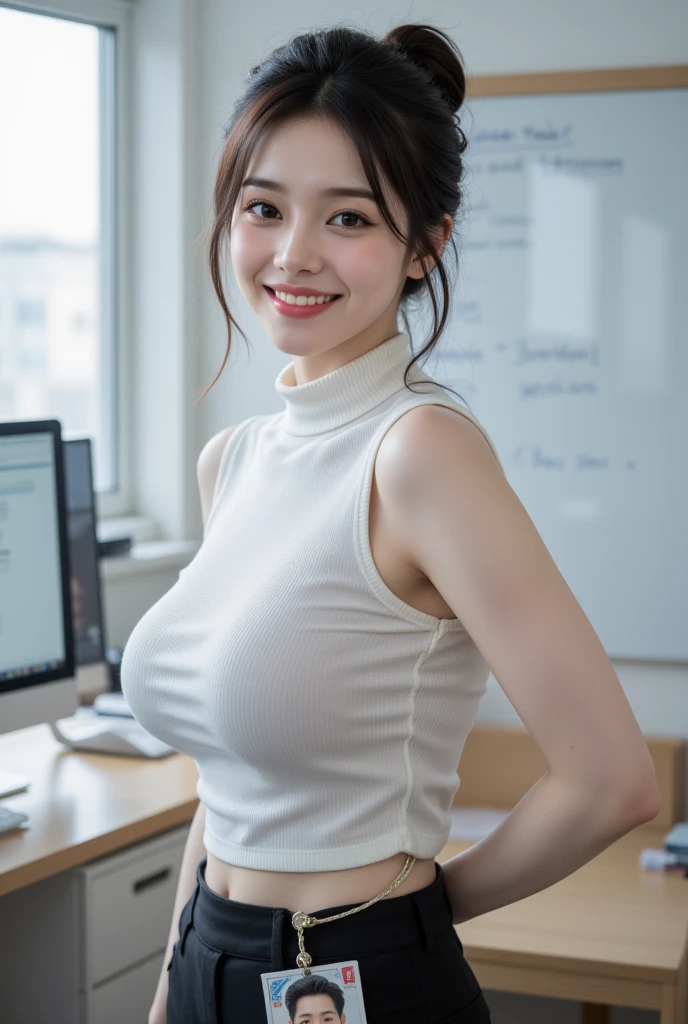 top-quality, ​masterpiece, hight resolution, 1girl in, beautiful and flawless face, Bob Layer Cut, Sleeveless turtleneck knit, a miniskirt、Clean armpits、intricate-detail, Cinematic feel, 8K, ighly detailed、Angle from the side、sit a chair、cowboy  shot、sideways Facing、View your computer's monitor、Place one elbow on the desk、Colossal tits、s Office、a desk、natural soft light、large breast bulge、A smile、all-fours、On all fours、Kamimei、Employee Number、Staff ID Card、operator、Have free time、body is turned sideways、laugh、
