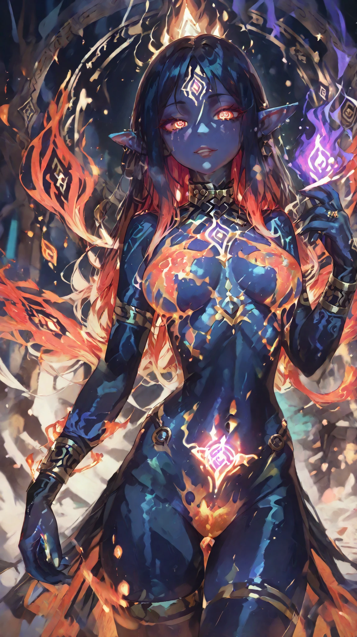 As Isis massages your body, her form radiates an ethereal glow. Her skin changes colors, shifting between obsidian, pearl, and starlight, casting an enchanting spell. Sacred runes pulse over her chakras and erogenous zones, releasing waves of energy that stir your passions. Her six fingers dance across your skin, channeling raw desire. A phoenix wing of fire and silk unfurls, casting a shadow over her form. At her waist, a kundalini serpent coils, awaiting the moment to strike. Her gaze captures your attention, seducing your soul."