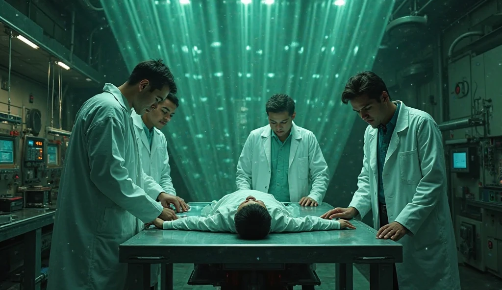 A group of 4 scientists with their backs turned looking at a glass window where there is a grey semi-circular oval stone-shaped object floating above a table that flickers and the object has an eye in the center, In addition, a scientist has a syringe and a drill trying to pierce the object.. But the eye looks dull, without energy and objecting to everyone