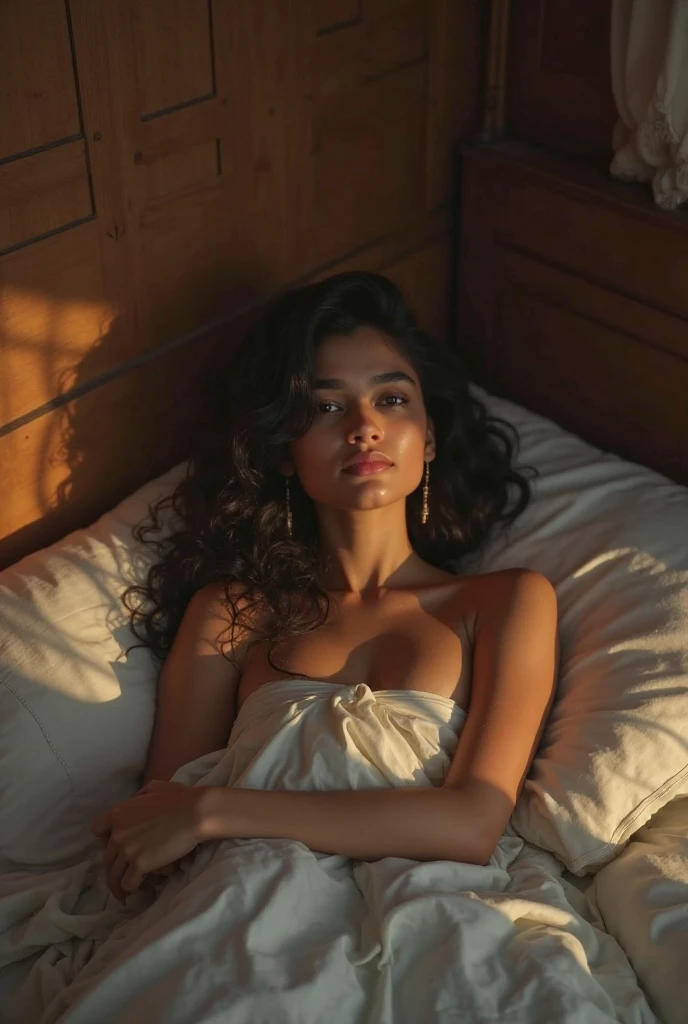 An Indian girl laying on decorated bed after having a hardcore sex on her 1st night she is half naked lying looking tiered