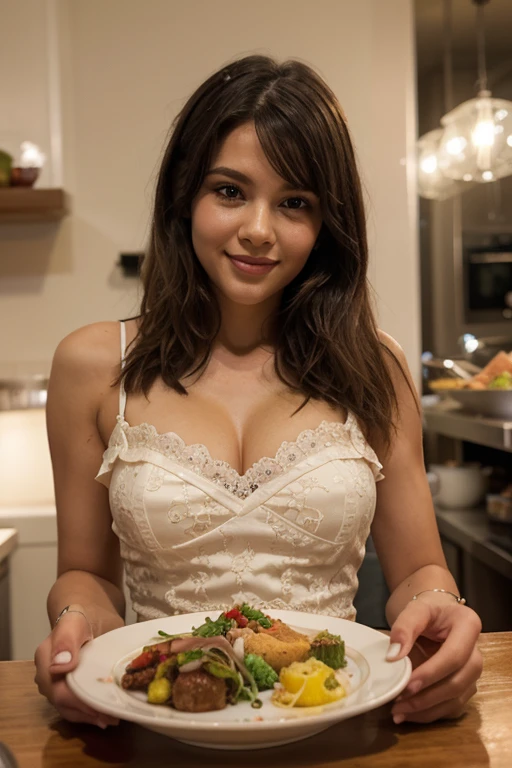 A beautiful young woman, slender, healthy, with a happy and satisfied expression, wearing an elegant dress, in a homely kitchen, preparing healthy food, detailed portrait with intricate details, cinematic lighting and warm colors, soft focus, delicate facial features, delicious hair, elegant pose, inviting and professional environment