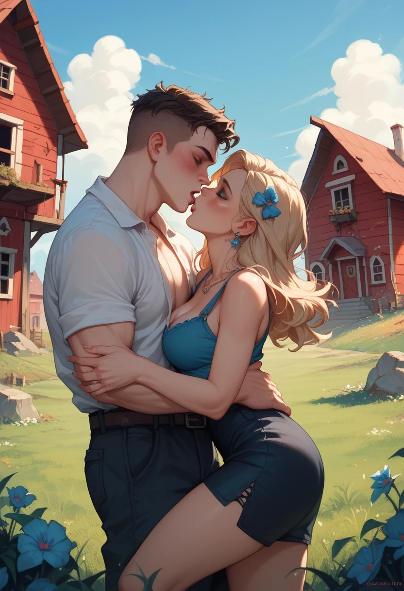 score_9, score_8_up, score_7_up, 1girl, 1boy, magnificent body, A luscious milkmaid has fun with her boyfriend on a animal farm, I put my legs around him, friendly sex,