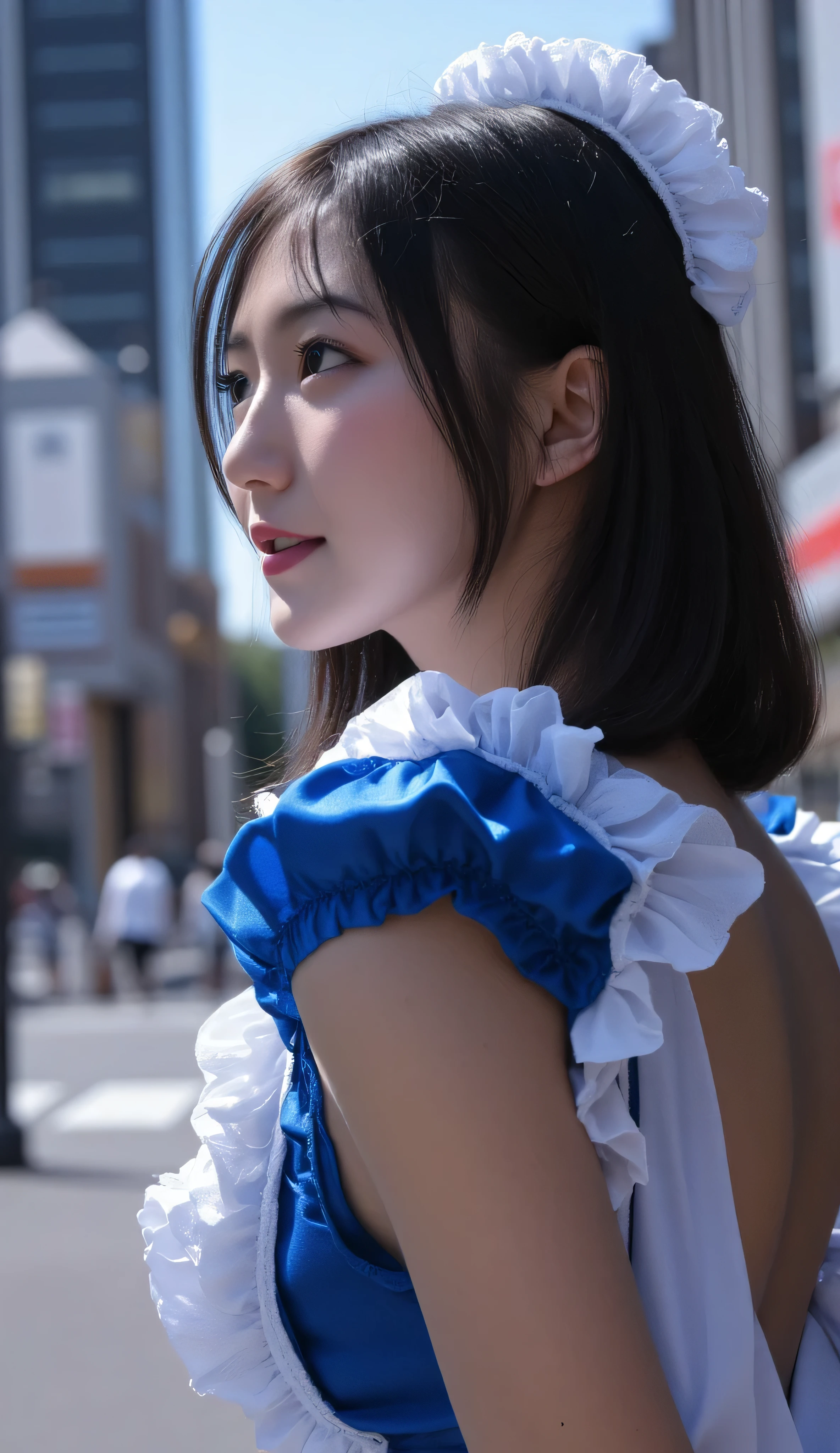 Tokyo, Shibuya Scramble Crossing, crosswalk, (8k, ultra-high resolution, highest quality, masterpiece:1.2), Masterpiece, best quality, illustration, ultra detailed, finely detailed, high resolution, 8k wallpaper, perfect dynamic composition, beautifully detailed eyes, (((She lifted her skirt with both hands to reveal her white panties))), 8k,super high resolution , top quality, masterpiece,rule of thirds,golden ratio,surreal,pictures, 1 woman,( girl:1.3),cute,cute顔, Beautiful Eyes in Every Detail , 細かくdetails,mature woman,princess,Full body,black hair,Short Bob,ID photo, luxurious and beautiful ,( famous Japanese idol girl),Booties,(((detailed blue and white Edwardian maid outfit 10.0)))(((luxury Edwardian maid costume)))(((girl in a blue and Edwardian maid costume))),(((smile with raised corners of mouth))),((((Dynamic Dressed Nipple Massage 5.0))),(((dress up in a charming chest 5.0))),((( dynamic posing)))(((smile with raised corners of mouth))), very delicate expression , delicate eye description,healthy body, ((Female 1)), Height: 160cm ,( thin waist in the video department:1.4)、( Beautiful :1.4), pink lips,Profile ,((( ideal figure))),Small A Cup Bust :2, portraits:2、 PERFECT ANATOMY 、鮮明な details、 details,thin lips,Perfect and beautiful face ,完璧でcute顔, meticulous skin , perfect limb that wraps around the body,thin waist in the video department, surreal,Light and Dark,Fashion Magazine Cover,stage lights