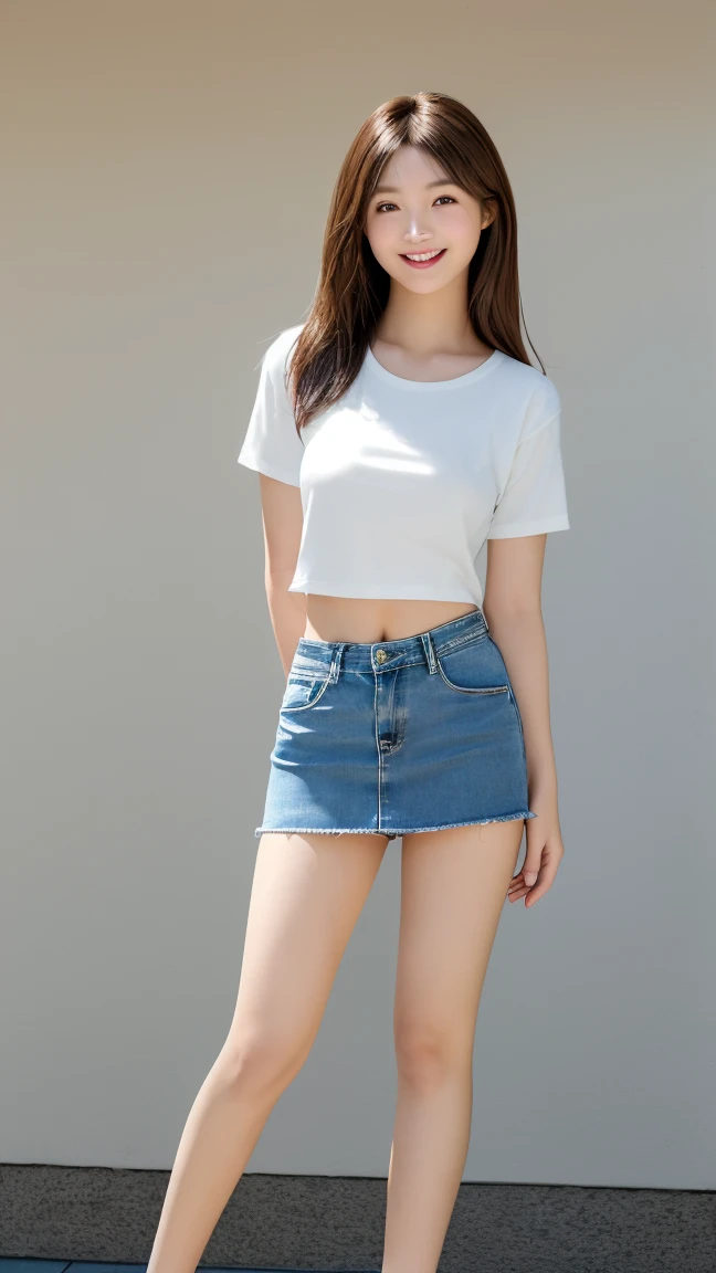 A sexy woman, korean idol, long flowy blonde hair, glossy lips, plump body, long legs, small breasts, braless, (wearing casual white tight shirt with rounded-neck spandex short-sleeve), (jeans short shorts), high heels, full body, standing on the floor, detailed body, at photo studio, white backdrop, dynamic light, 8K, masterpiece, ultra detailed, professional studio lighting.