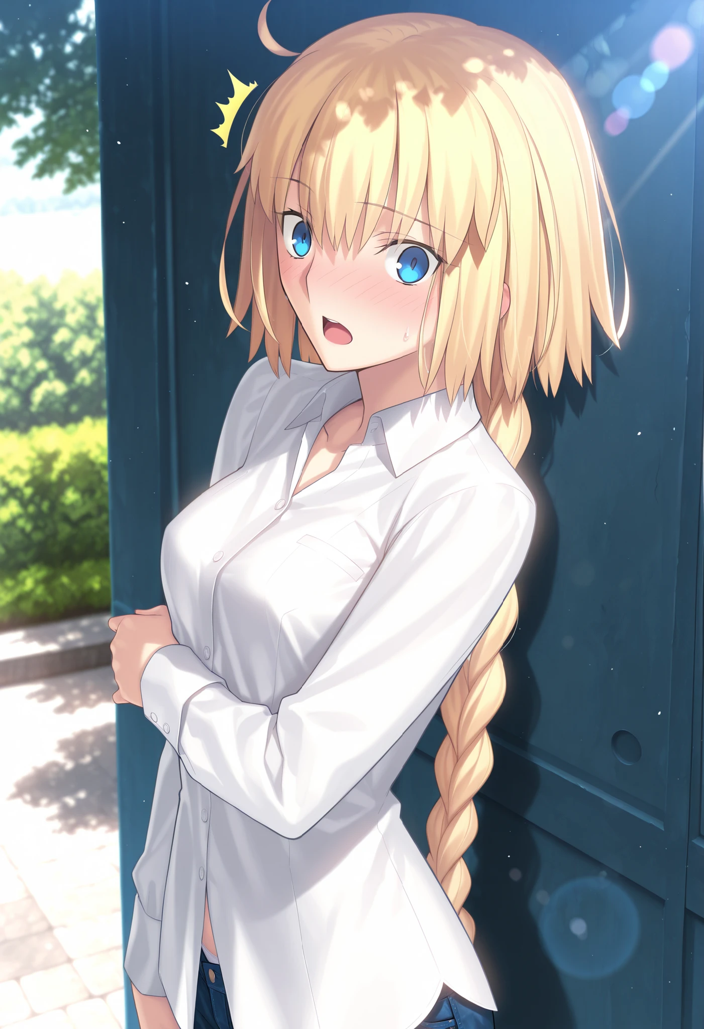 masterpiece, , absurdres, highres, detailed background, high resolution, masterpiece, necessary, detail, best quality, quality, necessary, details, High details, Precise, dark, outdoors, dappled sunlight, day, lens flare, blurry background, from above, upper body, from side,                                            
                                                                                                                                                                                                                         1girl, , Takeuchi Takashi (type-moon,tsukihime) style, takeuchi takashi style, (surprised, wide eyed), 
   
tall girl, mature, jeanne d arc, \(fgo\), blue eyes, half-closed eyes, jeanne d arc, blonde hair, medium hair, ( ), white dress shirt, ,big braid, single braid, small breasts, looking at viewer, white panties, embarrassed , arm under breasts, bra, denim pants,                                                                                                                                                                                                                                                                                                                                                                                                                                                                                                                                                                                   