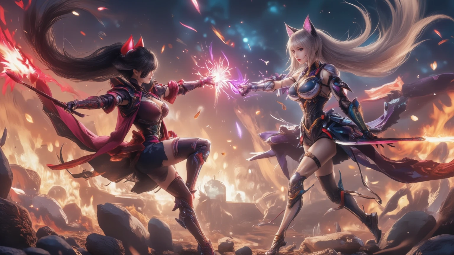 araffes in a futuristic setting with a sword and a woman in a dress, film still of kim kardashian, white gold color palette, tokio futuristic in background, wearing a pink ballroom gown, tekken, björk, gemma chan, janice sung, blonde female jedi, gloss, lilac --ar 16:9 --auto --s2