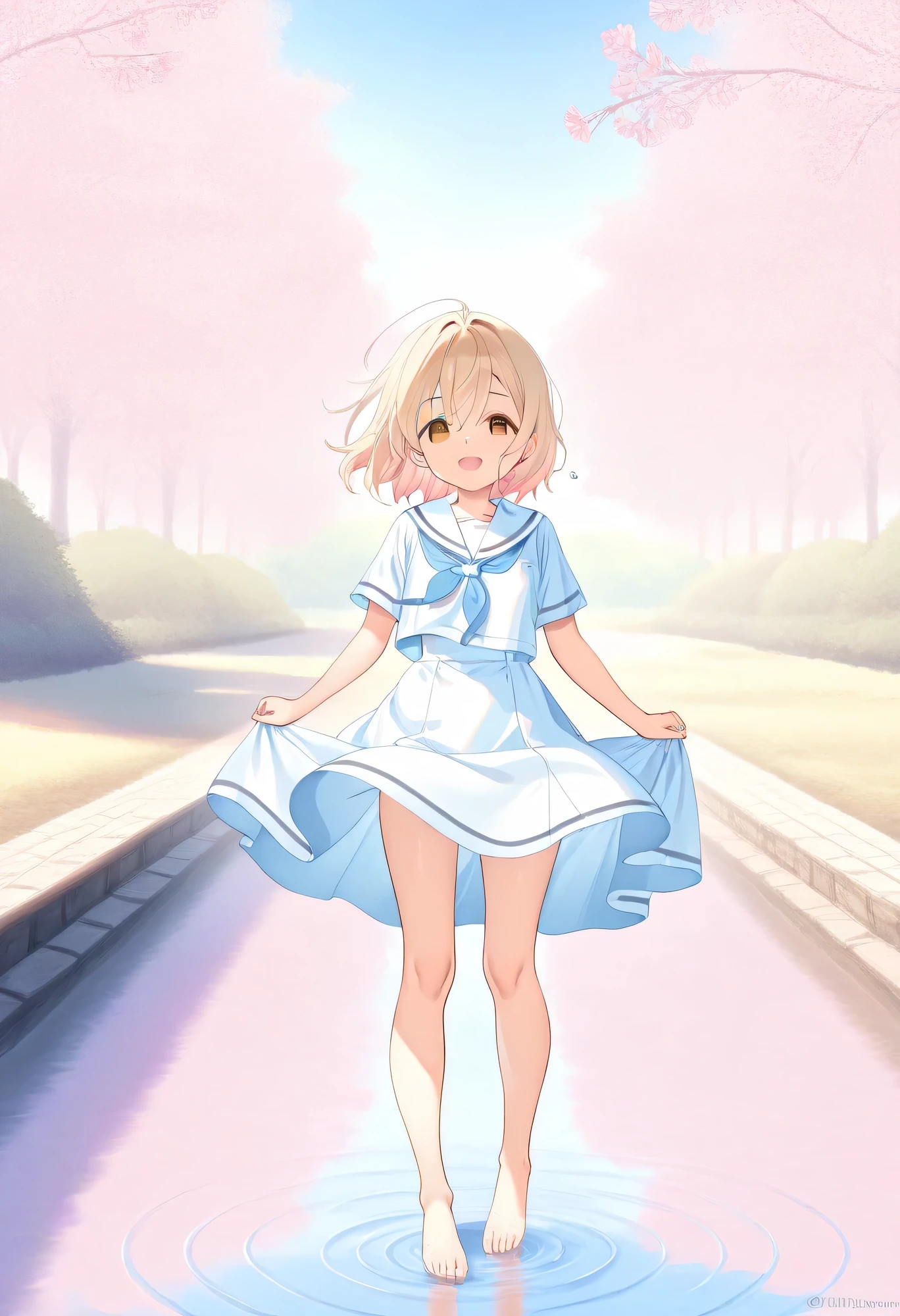 best quality in bronze、high definition、high definition、masterpiece、detailed background、Water place in the park where the spring sun shines in、Girls in white sailor uniforms are innocently playing in the water、Clothes with bright laughter and wind、Ripples spreading underfoot and shining drops of water、Scenery full of spring freshness and innocent fun、cute