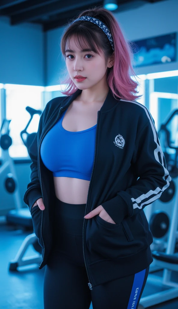 cute japanese college student、21 years old、Super detailed face、Attention to detail、double eyelid、Beautiful thin nose、Sharp focus:1.2、Beautiful woman:1.4、(Violet colored hair、Short Hair)、（Detailed facial features）、Brunette eyes、natural bangs、White skin、highest quality、masterpiece、超A high resolution、(Photorealistic:1.4)、Highly detailed and professionally lit smile、looking at the camera、Medium Bob Hair、Bright lighting、Professional Lighting、Smooth lighting、One person is standing、(cute、Long sleeve cycling jersey), (Berry Shorts)、（locker room）、locker room
