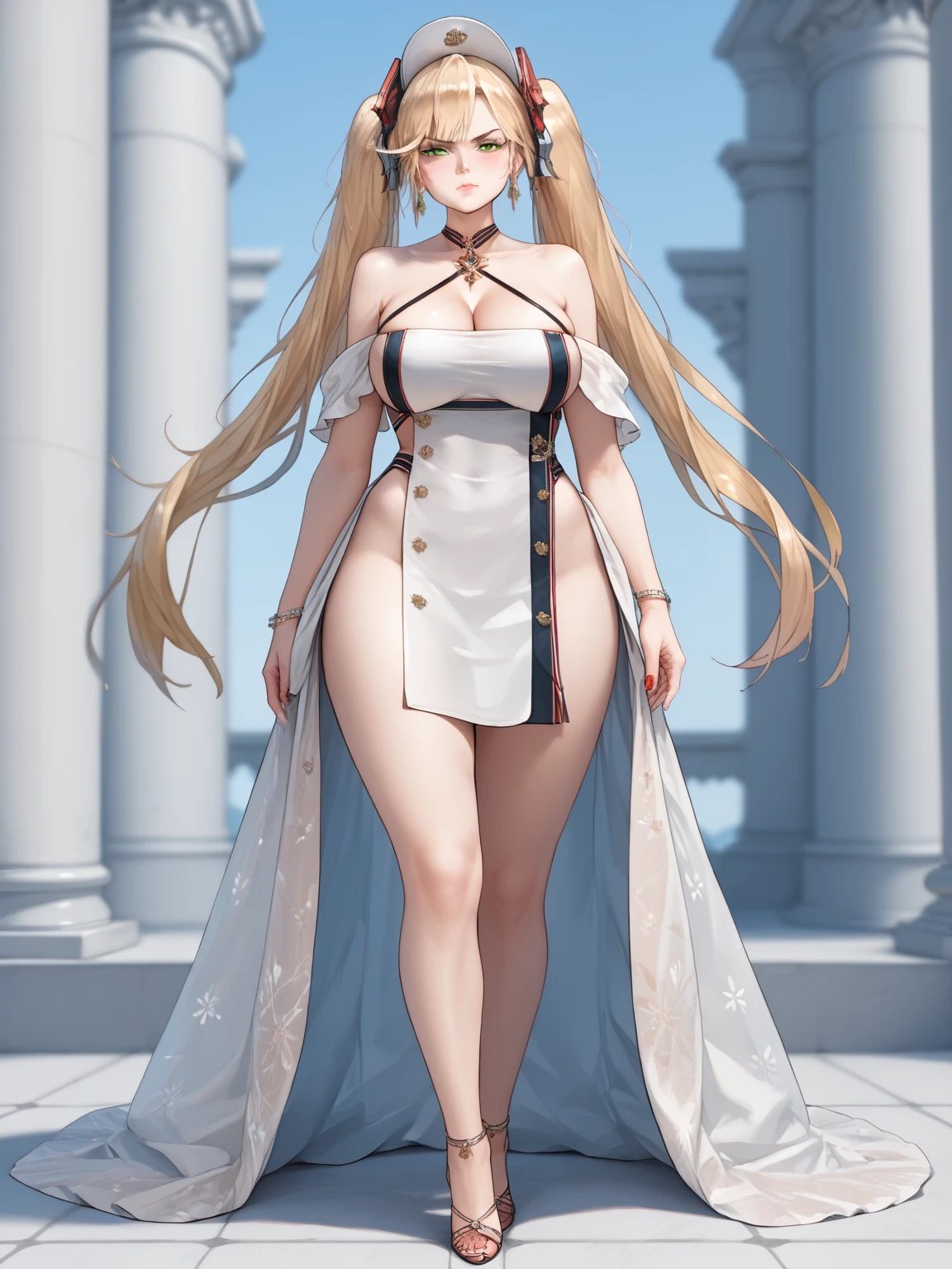 (((masterpiece))), (((best quality))), ((ultra-detailed)), (illustration), ((an extremely delicate and beautiful)), ((super detail)), ((high resolution)), (((20 years old))), gleaming skin, shiny body, two legs, breast focus, (((tall))), slender legs, ((big round eyes)), cute eyes, drooping eyes, ((adult)), two hands, five fingers, no extra hands, elegant smile, braid, medium length hair, ((metallic)), (see-through), (ultra-huge breasts), (shining brightly), outdoor, mini skirt, city, daytime, (((sfw))),