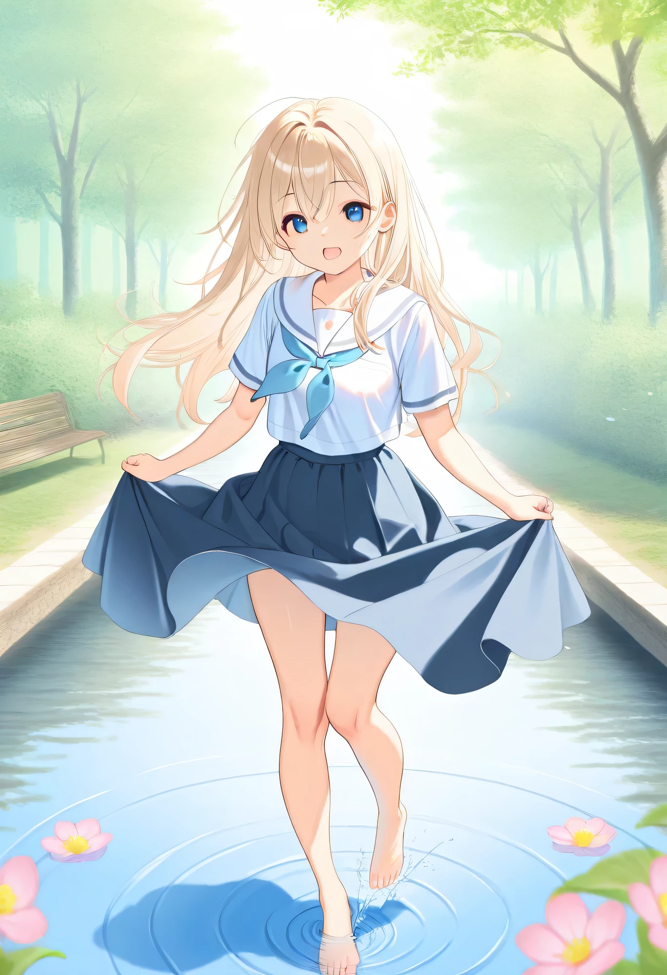 best quality in bronze、high definition、high definition、masterpiece、detailed background、Water place in the park where the spring sun shines in、Girls in white sailor uniforms are innocently playing in the water、Clothes with bright laughter and wind、Ripples spreading underfoot and shining drops of water、Scenery full of spring freshness and innocent fun、cute