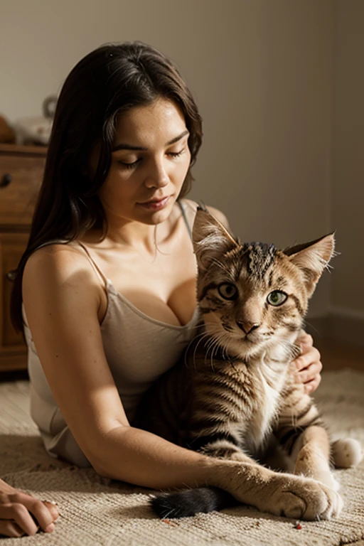 Kitten catches a ray of sun on the windowsill, and the puppy sits on the floor and looks at the kitten