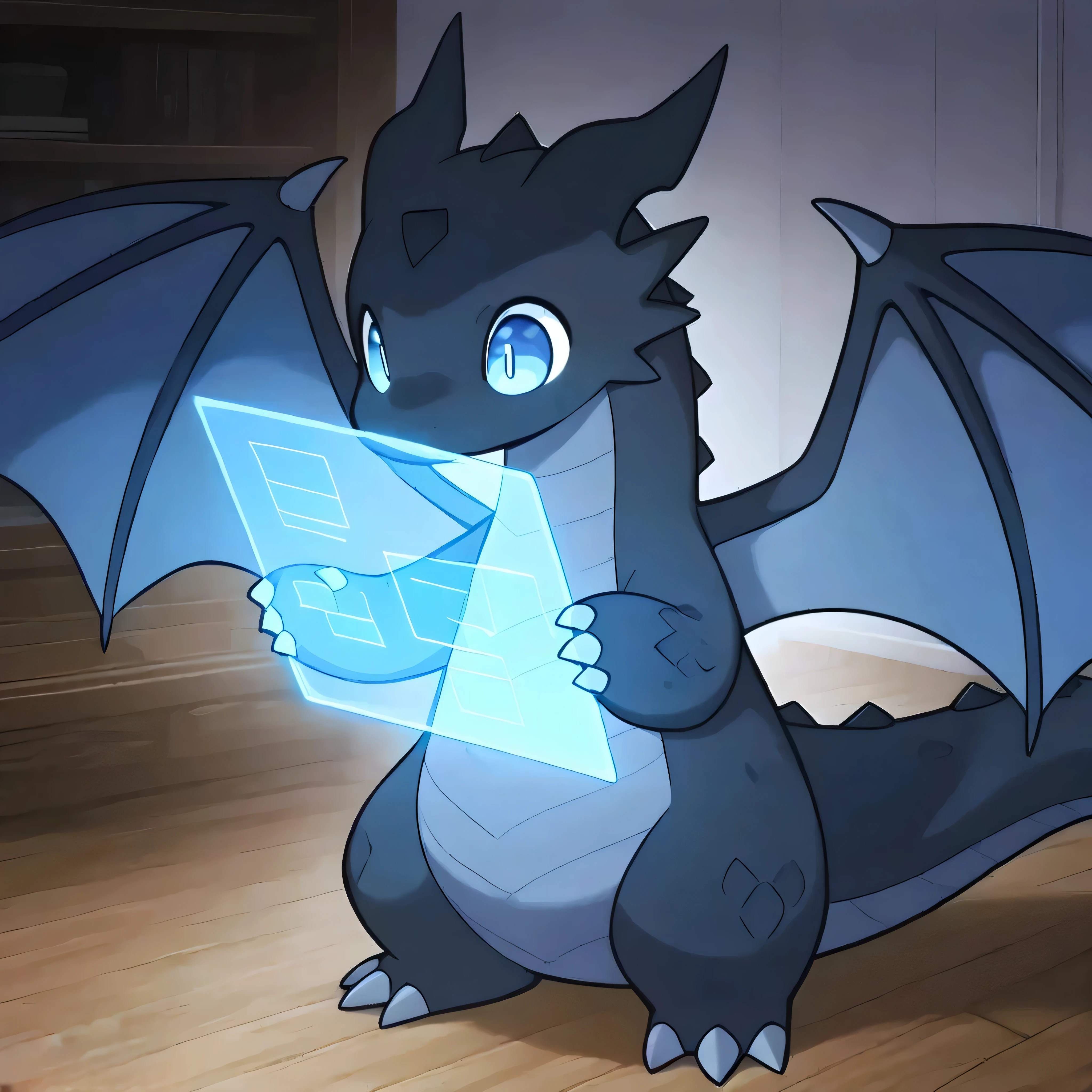 [🐲Elieen] [Updated* Model] - masterpiece quality, masterful, mythical, epic, beautiful, kawaii, anime, room background, dark room, wood_floor, futuristic_architectural room glass, hologram, SFEileen with hologram magic, fullbody_shot, solo, unisex, wings, slight_chibi dragon, SFEileen, dark scales, 1tail, wings, big eyes, slit pupil,