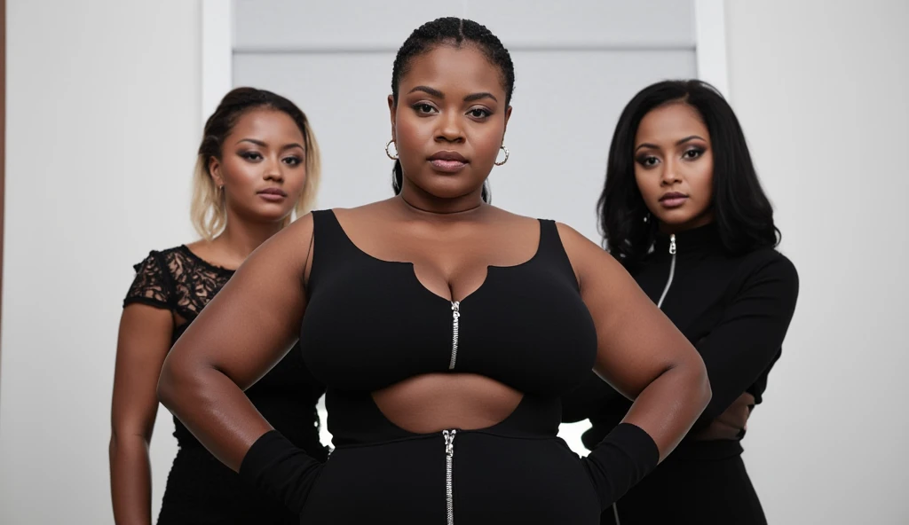 Portrait of a  group of curvy big breasted black women with big hips, pinup  model, lomg hair wearing a black dress ,  fur coat,  vintage. bbw, holding a pineapple,  swinger