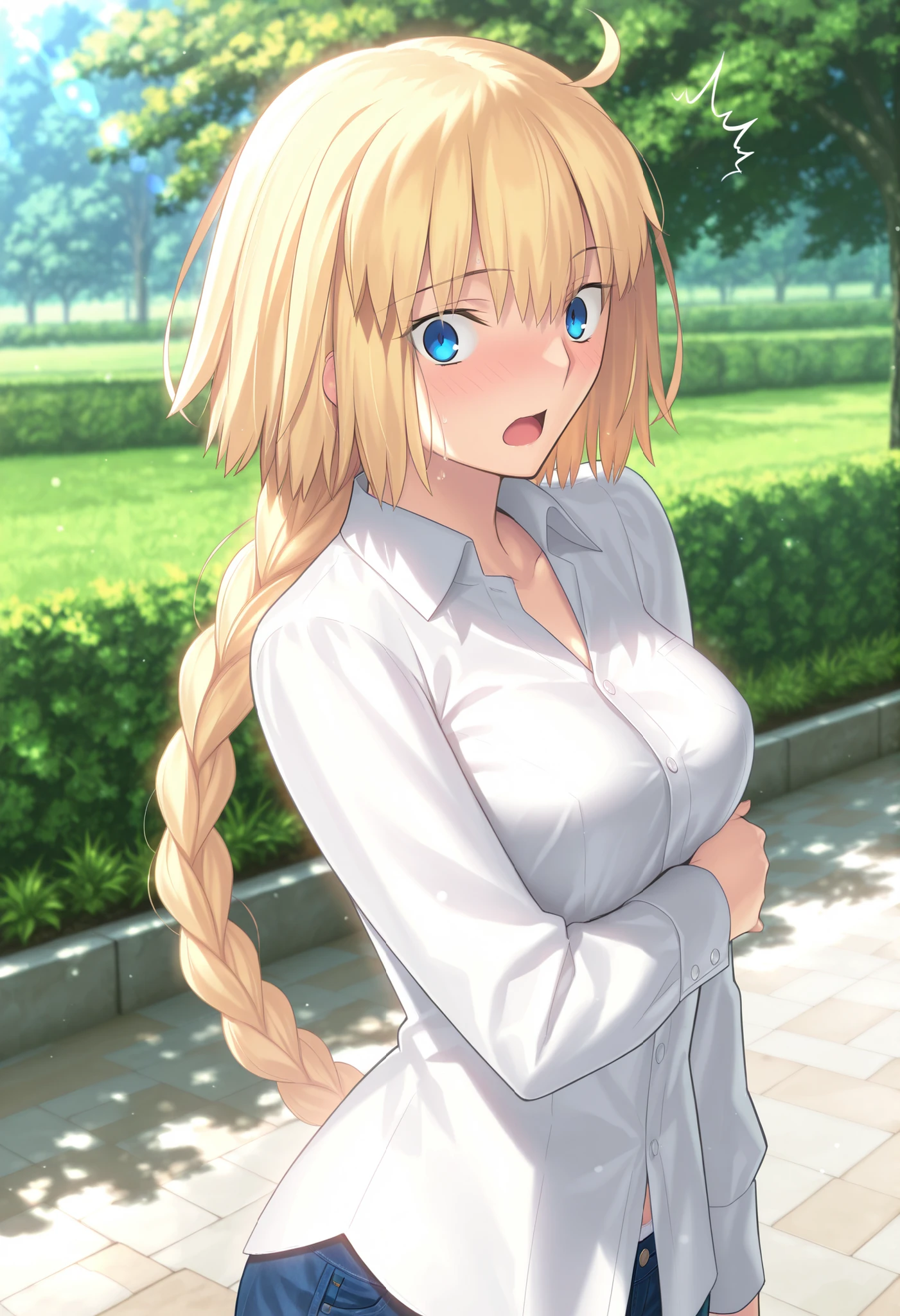 masterpiece, , absurdres, highres, detailed background, high resolution, masterpiece, necessary, detail, best quality, quality, necessary, details, High details, Precise, dark, outdoors, dappled sunlight, day, lens flare, blurry background, from above, upper body, from side,
1girl, , Takeuchi Takashi (type-moon,tsukihime) style, takeuchi takashi style, (surprised, wide eyed),
tall girl, mature, jeanne d arc, \(fgo\), blue eyes, half-closed eyes, jeanne d arc, blonde hair, medium hair, ( ), white dress shirt, ,big braid, single braid, small breasts, looking at viewer, white panties, embarrassed , arm under breasts, bra, denim pants,