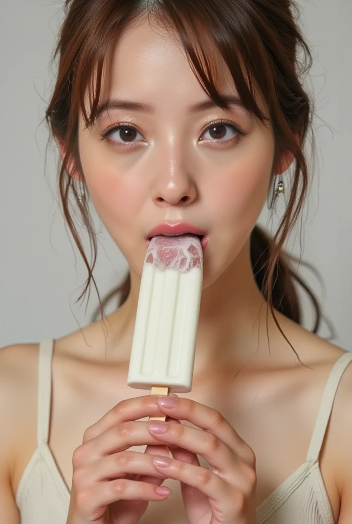 Browsing Caution、Highest quality、8K、masterpiece、Ultra-high resolution、クリアなphotograph、リアルなphotograph、Realistic、Professional Lighting、Natural light、photograph、Very cute girl、Short Bob Hair、Brown Hair、Sexy Face、(Open your mouth、Put the soft serve ice cream in your mouth:1.8)、Apply cream to face:1.6、Apply white cream to cheeks:1.6、Face close-up
