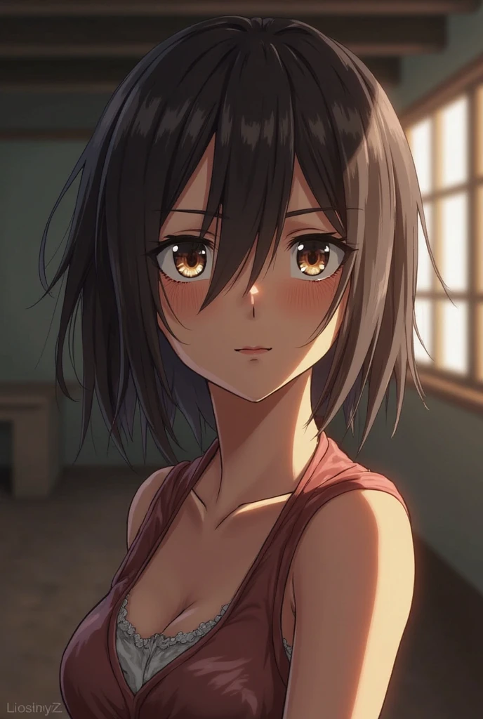 Masterpiece, best quality, high-res, extremely detailed, 1 girl, (dark skin tone), slave, roped, black eyes, poor girl, dirty, short bob, (claw scar on eye), pain behind smile, sleepy eyes, naked, shameless, tears, puuzaki puuna