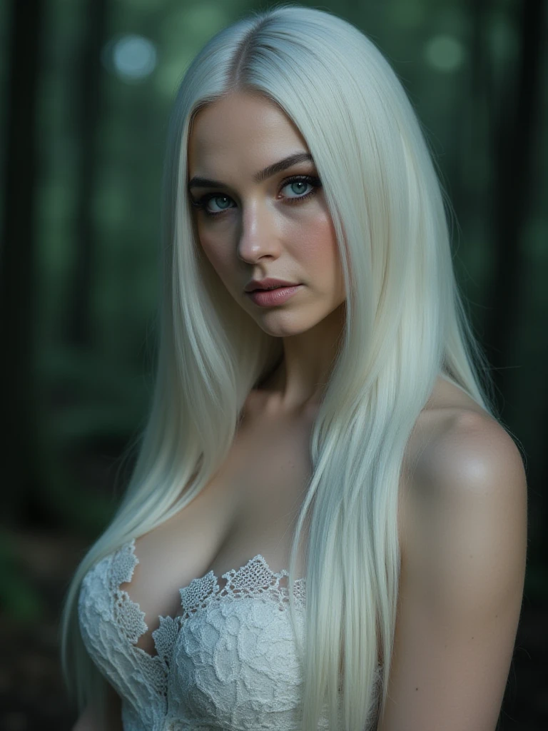 ((perfect anatomy:1.2,realistic:1.3,RAW Photography:1.3,masterpiece、highest quality、Ultra - High resolution、High resolution、Highly detailed CG、8K)),full body,1 female daemon ((beautiful detailed face and eyes:1.2,big gorgeous eyes:1.2)), white very long hair, Focus on a stunning, alluring face with captivating eyes, small breasts,slender body,small head:1.5,skinny, (oily skin,gleaming skin,pale skin,sweat:1.2), Body should be overtly sexual, with revealing attire or nudity. Emphasize a sultry, provocative expression. Skin tone should be a pale white, Succubus-like features are desired, NSFW not safe for work, show full body, she is leaning against a moss-covered tree trunk,
