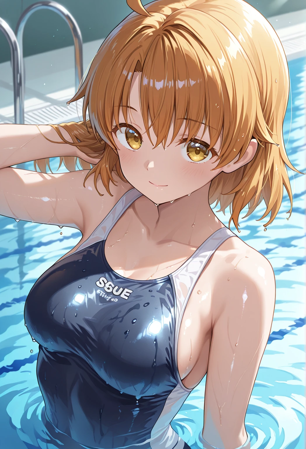 matikanefukukitaru \(umamusume\), one piece pink swimsuit, large breasts, thighs, swimming pool, (soaking wet:1.2), smiling