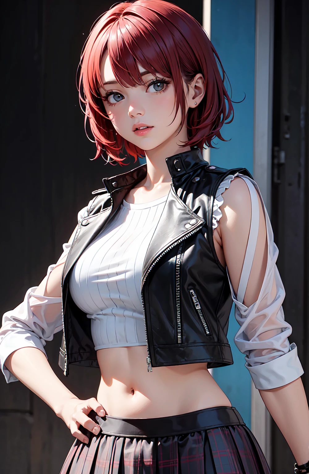 young woman with tattoo of a phoenix on her arm, asymmetrical bangs, hair fulfilled, red hair, bangs, white top,jean shorts,high panties,looking at the viewer, background: alley in comic book city, in the style of 90's comic book art, super detailed, accurate illustration, clean lines,