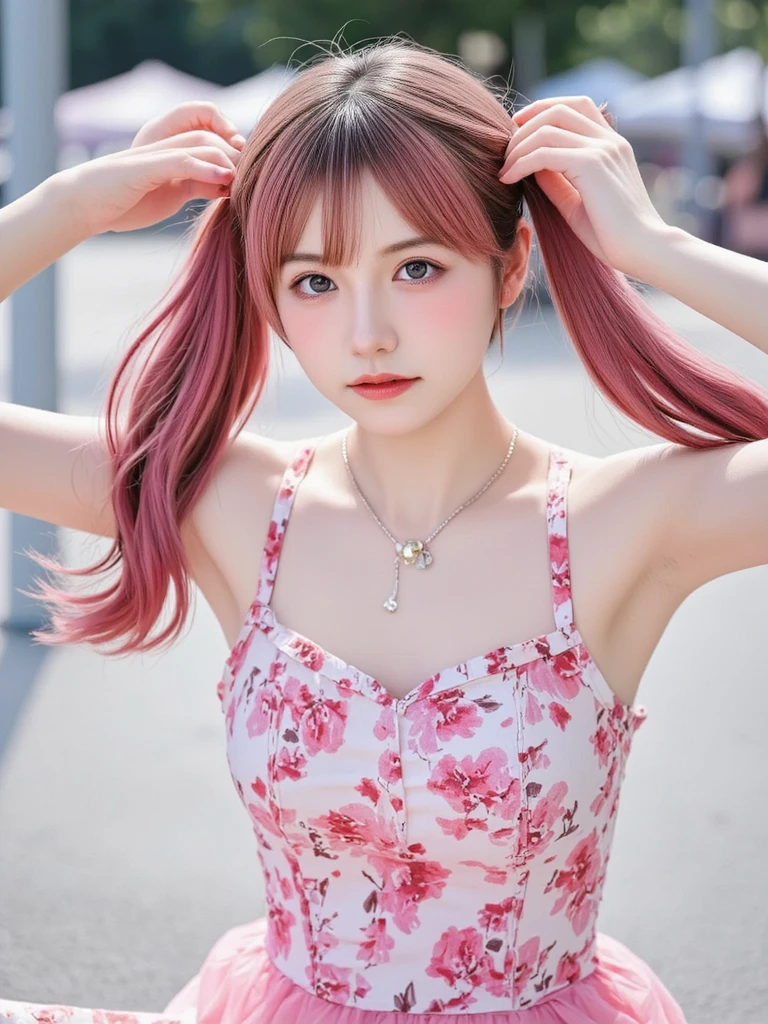 (8K, 4K, Best Quality, hight resolution:1.2), (maasterpiece, Realistic, photographrealistic:1.37), 1girl in, Solo, Beautiful face, Eyelashes, Nose, Glossy lips, (Detailed eyes, Looking at Viewer, Fair skin, White skin:1.5), fine complexion, Upper body,
Large breasts, busty, , (:1.5),
outdoor bath,
two side up, absurdly long hair, Blonde hair, Pink hair, Bangs, Hair Ornament, Bow,
Younger, aged down,