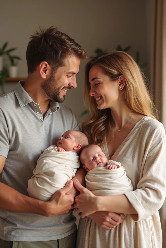 A married couple with two girls, aged 13 and 3, leave the maternity hospital with two newborns, photo from afar, max full body