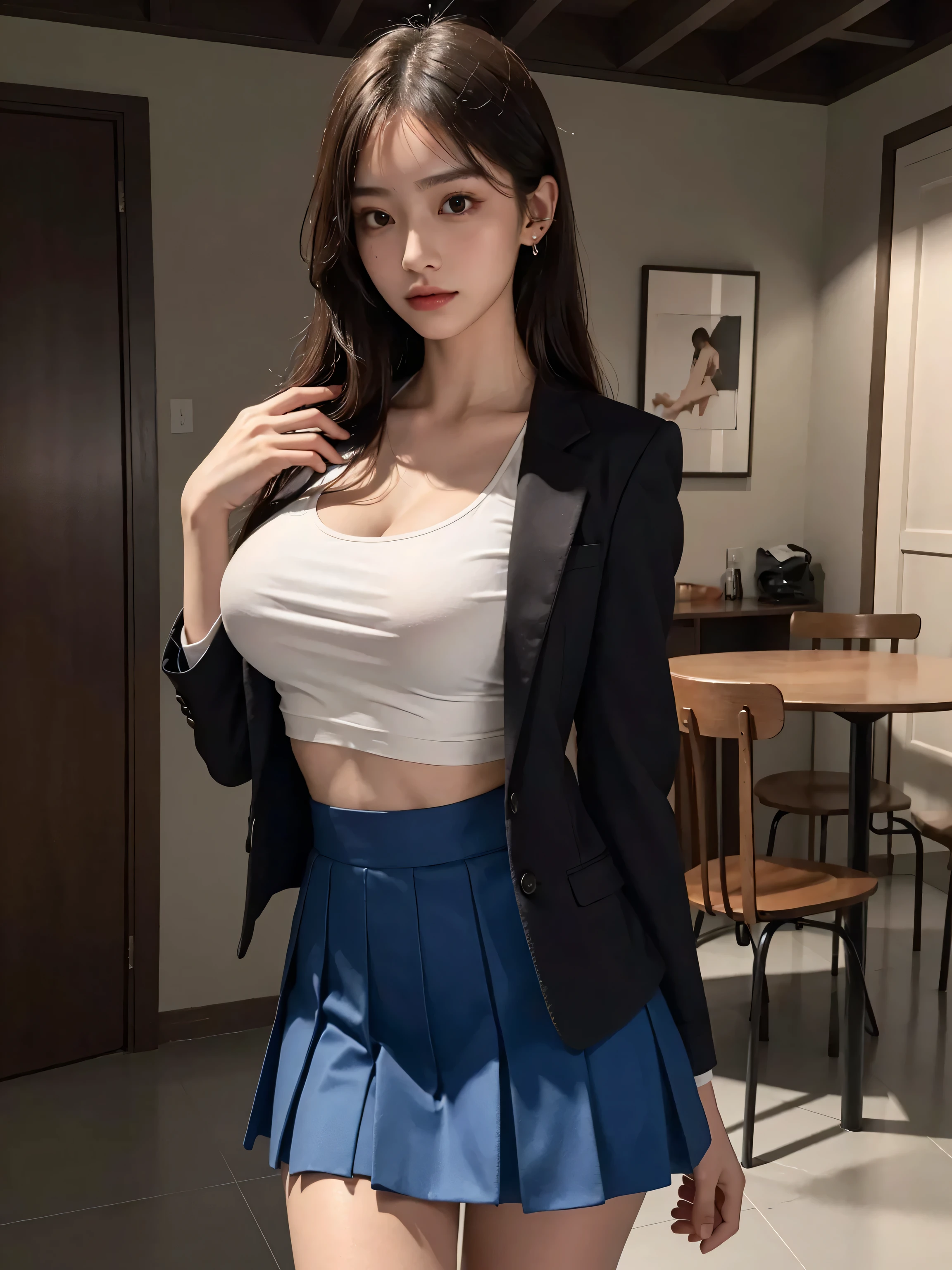 (8k), (highest quality: 1.2), (Realistic), (Realistic: 1.37), Ultra-high resolution, 1 girl, cute, smile, Mouth closed, Beautiful details, Beautiful Nose, whole body, Wet Hair, Giant Dulcefo, pork, Thighs，Selfie,Navel exposed,University Student Uniform,A simple blazer,Pleated skirt,Platform boots,Are standing, natural pantyhose 