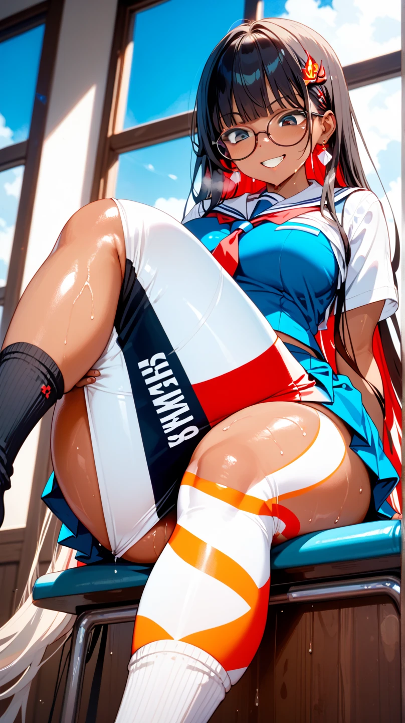 nsfw,(nipples peek:1.2),an unparalleled masterpiece, 8K, (high quality:1.2) perfect artwork, outdoor, 1 girl, Canoe Unlong, fingerless gloves, serafuku, abdomen, loose socks, pleated skirt, yellow neckerchief, earrings, loafers, long hair tied low, hair above one eye, clean, beautiful face, pure face, white skin, shiny hair, (colored inner hair:1.103), (hair details:1.08), (long eyelashes:1.1), Braid, (Beautiful detailed eyes and face), (very detailed:1.05), stunning lighting effects, fighting pose,(big breasts:1.5),cleavage,belly button,underboob,(White micro panties,camel toe:1.2),(Torn shirt:1.2),spread your legs,(blush),(cum on face:1.5),( from above:1.2)