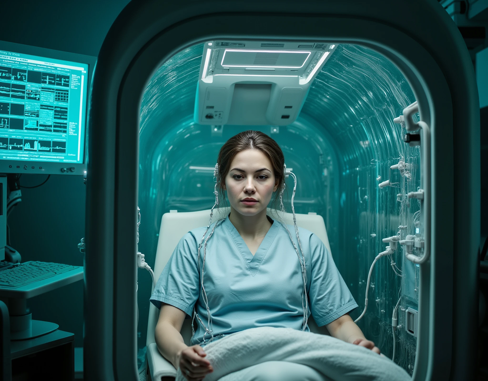 8k analog style, photorealistic, a 55yo woman in patient hospital clothes immersed in a translucent, transparent, gel-filled glass box. Intricate cables connected to her head, glowing faintly. A futuristic mind-reading machine and monitor surround her figure, blending the sleek pod designs of 'The Matrix' with advanced fMRI scanning technology. The setting is a dimly lit, high-tech laboratory with holographic displays, glowing monitors showing brainwave activity, and ambient blue-green lighting that emphasizes the cutting-edge machinery.