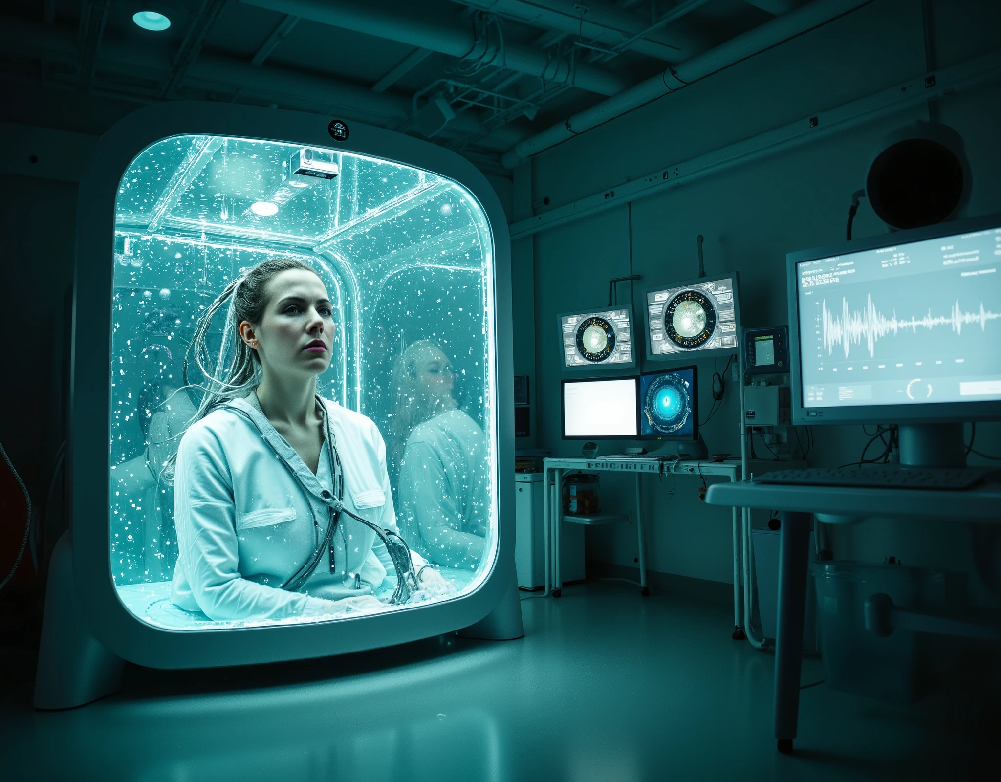 8k analog style, photorealistic, a 55yo woman in patient hospital clothes immersed in a translucent, transparent, gel-filled glass box. Intricate cables connected to her head, glowing faintly. A futuristic mind-reading machine and monitor surround her figure, blending the sleek pod designs of 'The Matrix' with advanced fMRI scanning technology. The setting is a dimly lit, high-tech laboratory with holographic displays, glowing monitors showing brainwave activity, and ambient blue-green lighting that emphasizes the cutting-edge machinery.
