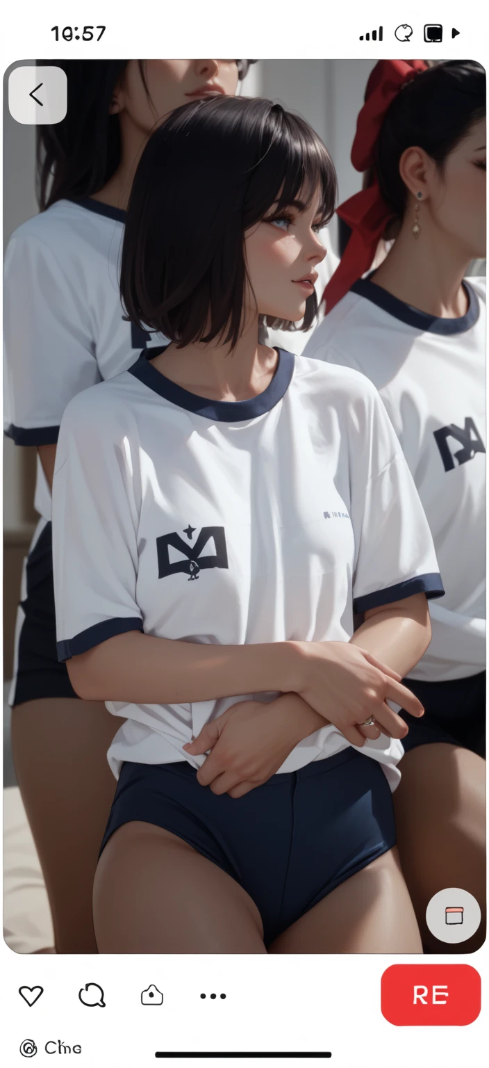 A very cute woman, beutiful face, detailed, detail face and body, seductive expression, sexual expression, sexy body, oversize tshirt, sports short pants, bun hair
