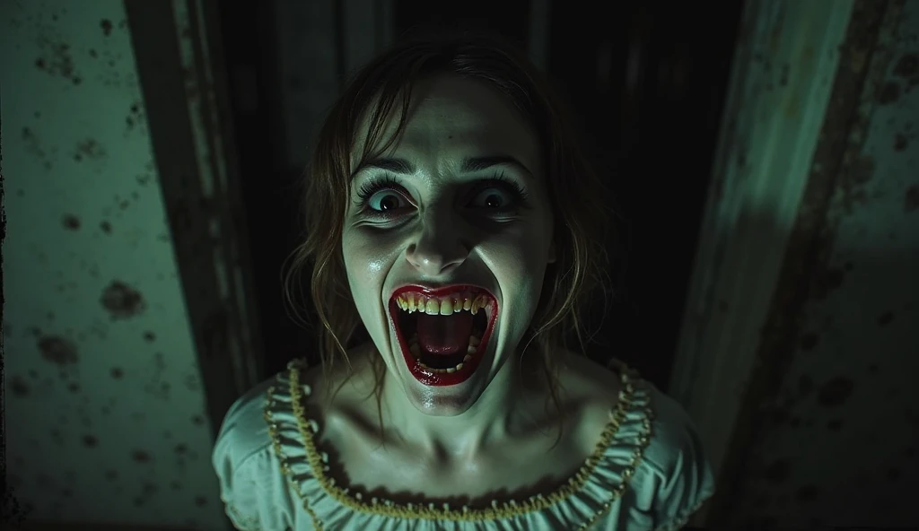 award wining masterpiece photograph converying a sense of dreadful horrors, full shot of a girl with a scary smile, searching feverishly for something, wandering silently with, detailed face, intricately detailed, dim light, exquisite backlighting,red eyes refined editorial photography, dramatic LUT
