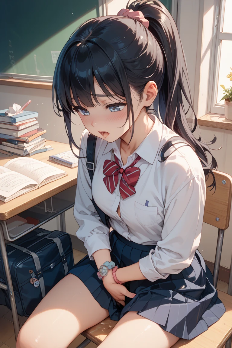 masterpiece,best quality, ultra-detailed illustration, blush,solo,large breast, opened mouth, sitting ,wood chair ,black jacket, , white shirt,short skirt, red ribbon, sweat,black hair,french braid,middle hair, hand between thighs,hand before pussy,closed eyes,(( steam breath)),BREAK, in library, desk,notebook on desk