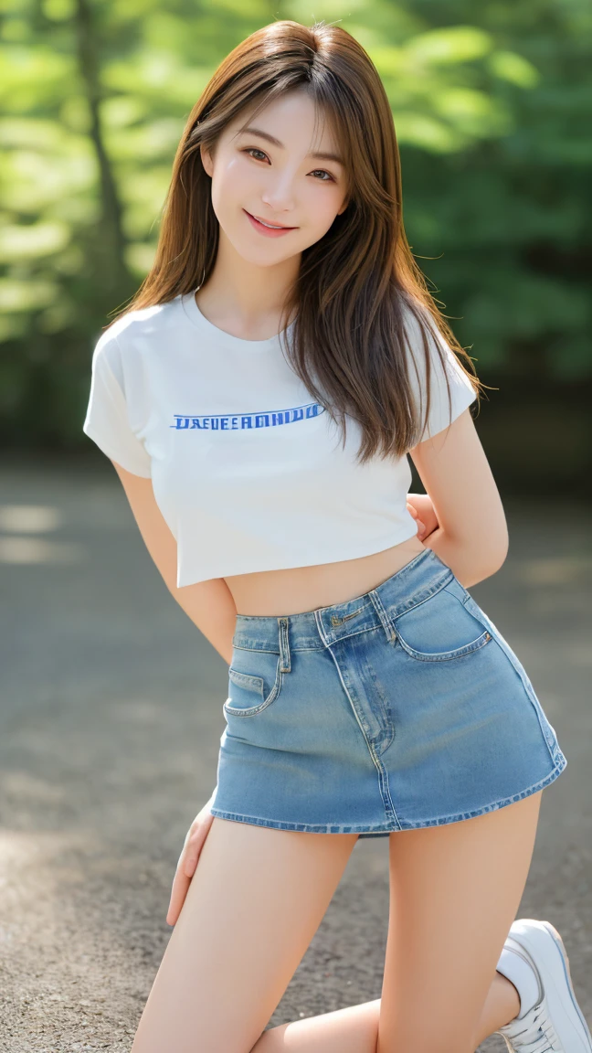 Children 11 years old、1 Beautiful girl、So cute、White shirt、denim shorts、細くて長い脚