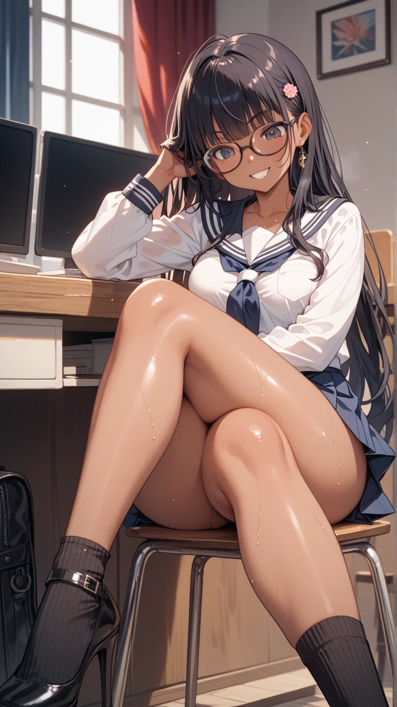 (Masterpiece:1.2), (high quality), (pixiv:1.4), (anime:1.4) wearing underwear, panties, loose socks, black hair, buttocks, brown eyes, blue skirt, solo, blazer type , panties, loose socks, black hair, lifting clothes, brown eyes, blue skirt, pure gaze, , miniskirt, (herself lift), plaid skirt, kawaii, blush, a smile, (sweat), Long hair, Physical education sitting, beauty legs, Schools,(spread legs),((cum in clothes,cum on hair:1.2))