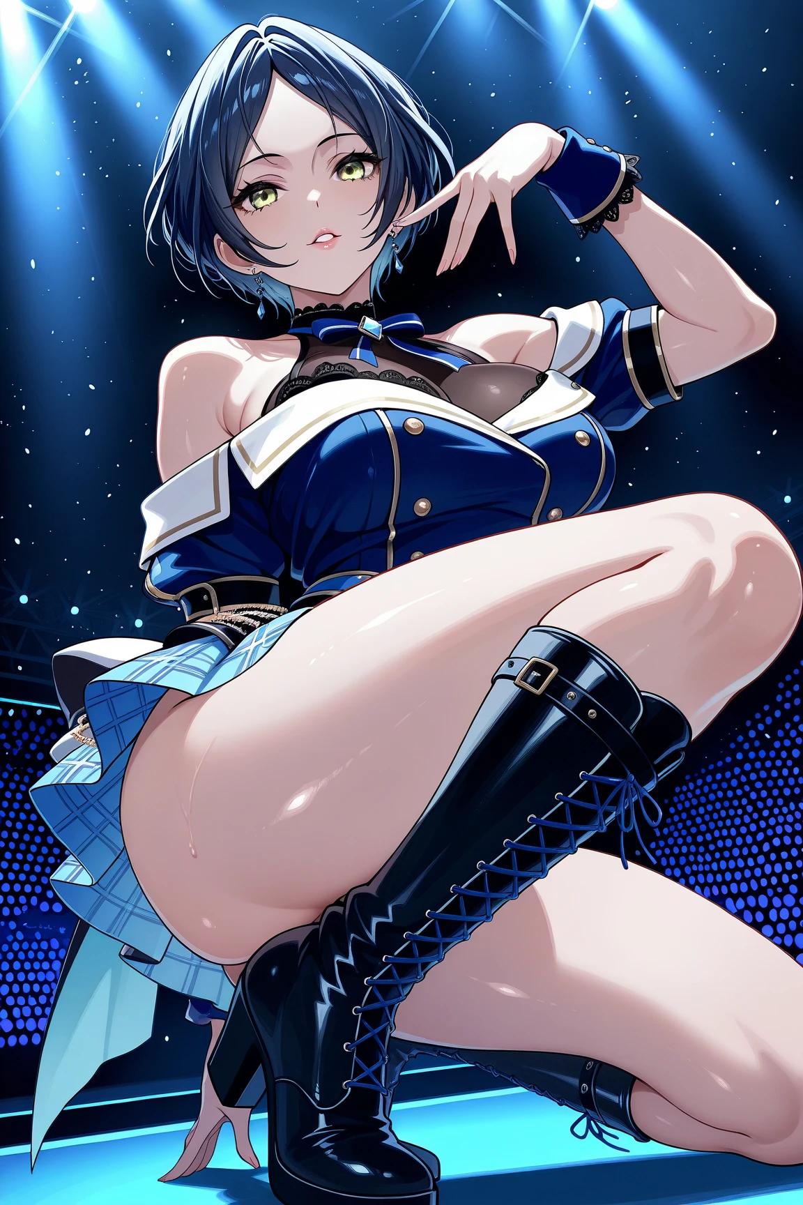 High resolution,masterpiece, Highest quality, Very beautiful face and eyes,One Girl,(Open Mouth Smile),teeth,(Ultra-detailed fantasy views),Frill dress,,Particles of light, Magical girl, Off the shoulder,Arm Sleeves,mini skirt,teeth,Professional Lighting, skinny, Perfect fit for your skin,zettai ryouiki, jewelry,One skinny 9-year-old,((Browsing Caution))Medium breast,Daytime,((Shiny tight shorts)),Spread your legs wide,,Covered nipples,Angle from below