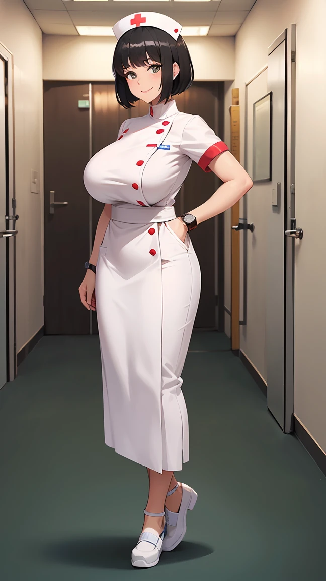Masterpiece, best quality, hakari, pink hair, green eyes, slender waist, hair ornament, flower ornament, hakari_flower, twin_hair_ornaments, hair_ornament_in_both_sides_of_the_head, hakari_eye, hakari, short hair, holding, standing, white nurse custom, nurse cap, nurse, syringe, (contrapposto:1.2), (gigantic breasts) , skin tight, thighs
