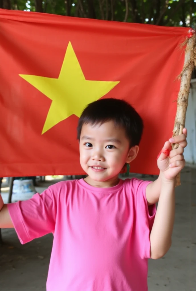 arafed asian boy in a monk outfit standing in front of a flag, dao trong le, vietnam, in style of lam manh, inspired by Ni Duan, do hoang tuong artwork, son, bao phan, bao pnan, inspired by Ma Quan, phuoc quan, sun wukong, quy ho, bao pham