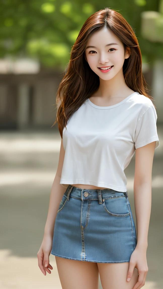 Full-body photo, Standing posture, masterpiece, highest quality, Original photo, 超High resolution, 1 girl, curl, Long, brown hair, perfect fingers, slim legs., Perfect big smile, Intricate details , Detailed Background, Detailed skin, pores, High resolution, High Dynamic Range, 美しいmodel, soft ライト on the face, BAPV_model, Split, ((White T-shirt and denim), High heels, Background is a wall