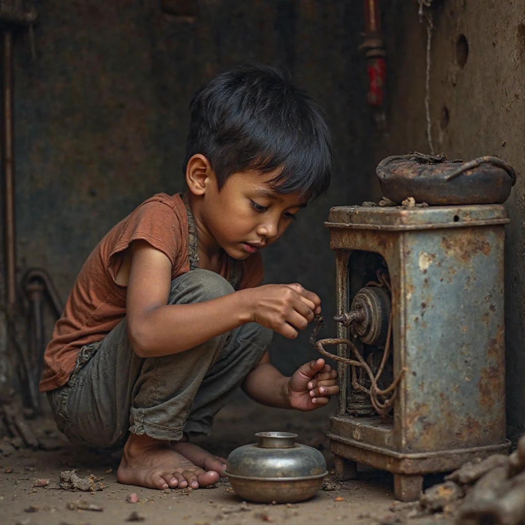 Scene 1:
- Black and white background, medium lighting
- Young boy (Ratul, age 6-8) breaking toys, taking out motors
- Parents scolding in background (shown as echoing voices)
- Focus on the working with broken toys