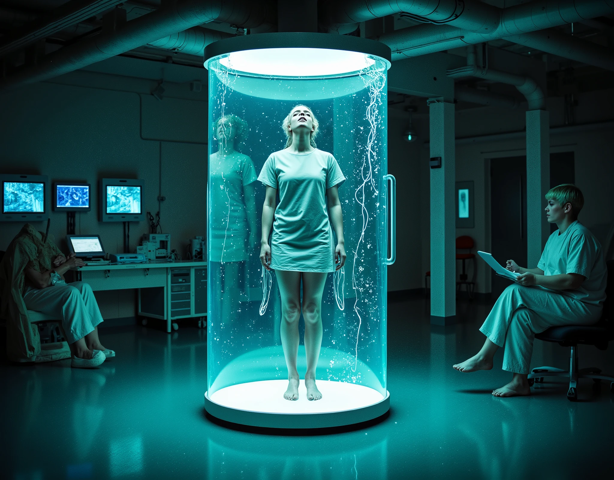 8k analog style, photorealistic, a 55yo skinny woman in patient hospital clothes immersed in a translucent, transparent, gel-filled glass box. the woman floats in a giant glass tube filled of water, bubbles rise the surface, reflections, deformation. Standing, bare feet. Intricate cables connected to her head, glowing faintly. A futuristic mind-reading machine and monitor surround her figure, blending the sleek pod designs of 'The Matrix' with advanced fMRI scanning technology. The setting is a dimly lit, high-tech laboratory with holographic displays, glowing monitors showing brainwave activity, and ambient blue-green lighting that emphasizes the cutting-edge machinery.