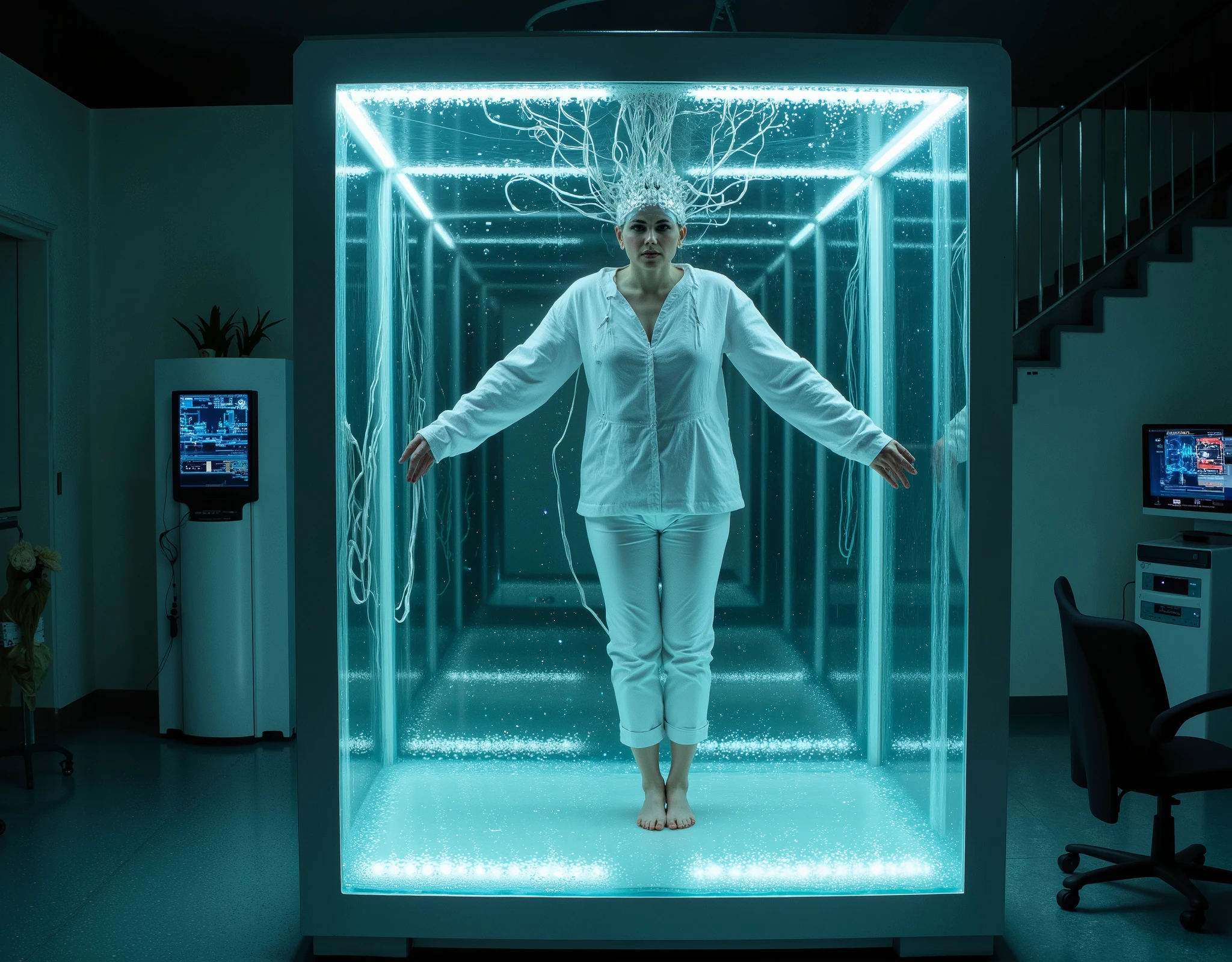 8k analog style, photorealistic, a 55yo skinny woman in patient hospital clothes immersed in a translucent, transparent, gel-filled glass box. the woman floats in a giant glass tube filled of water, bubbles rise the surface, reflections, deformation. Standing, bare feet. Intricate cables connected to her head, glowing faintly. A futuristic mind-reading machine and monitor surround her figure, blending the sleek pod designs of 'The Matrix' with advanced fMRI scanning technology. The setting is a dimly lit, high-tech laboratory with holographic displays, glowing monitors showing brainwave activity, and ambient blue-green lighting that emphasizes the cutting-edge machinery.